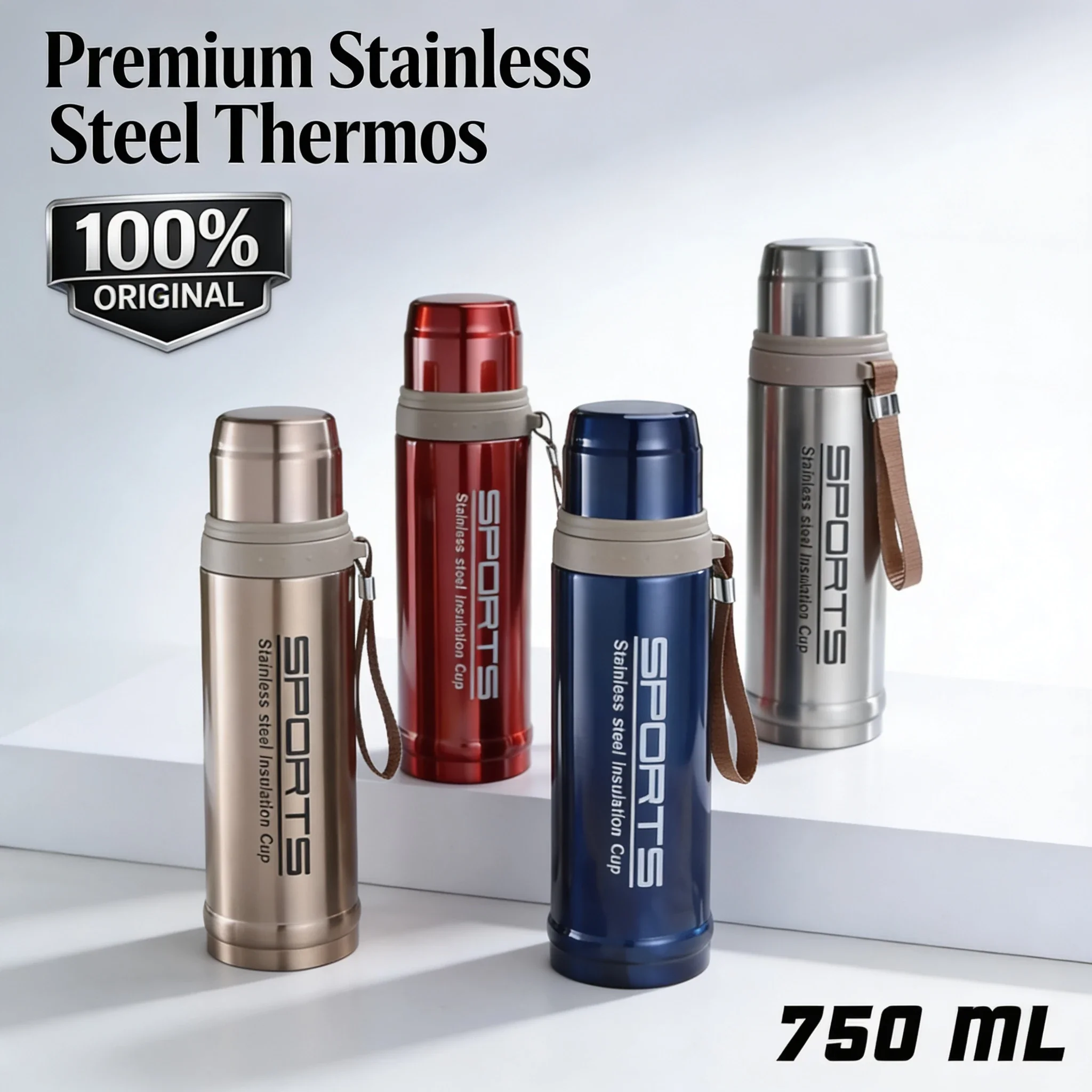 "Premium 750ml stainless steel vacuum insulated thermos flask available in silver, blue, red, and champagne colors for hot and cold beverages."