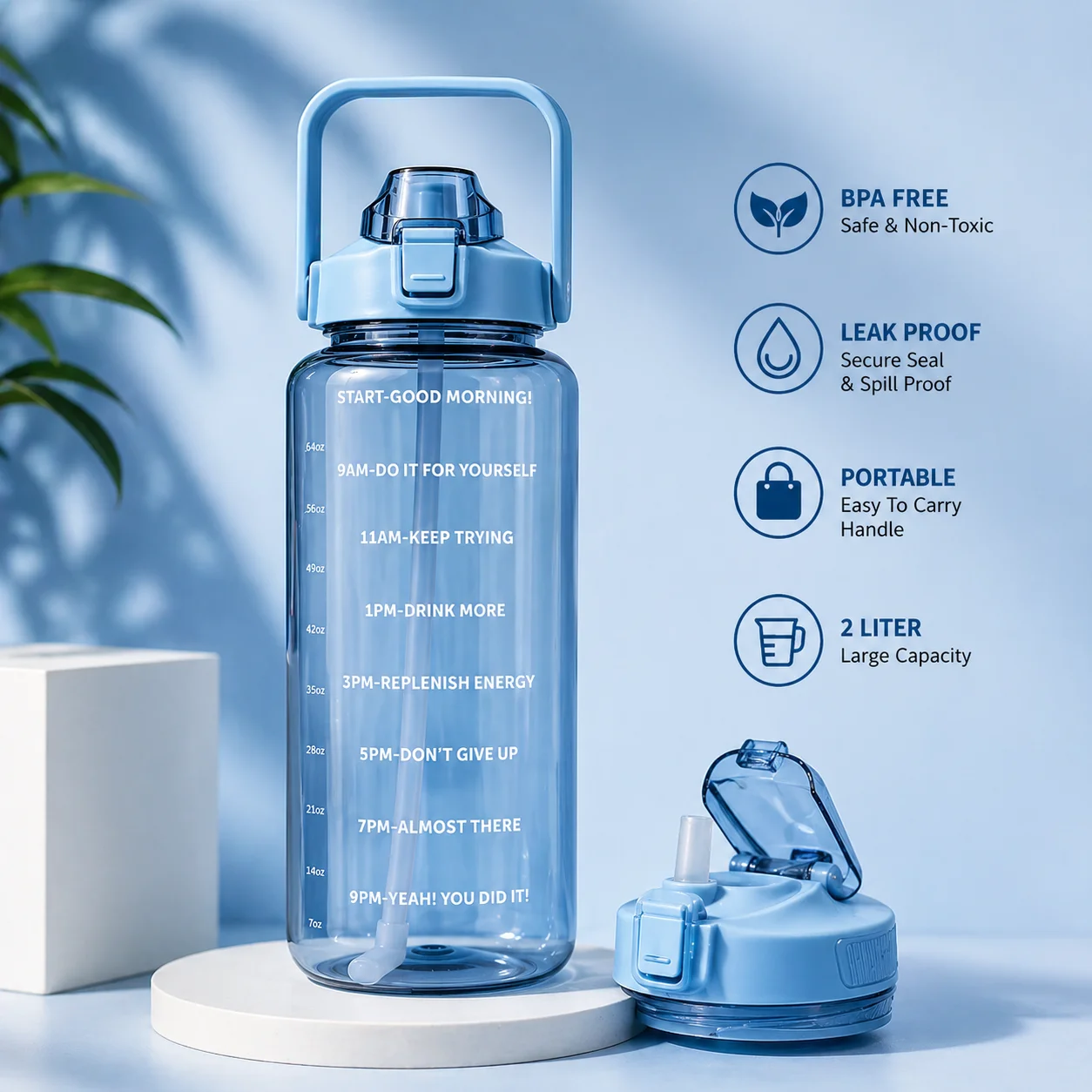 Blue 2L Motivational Water Bottle – Leak-Proof and BPA-Free
