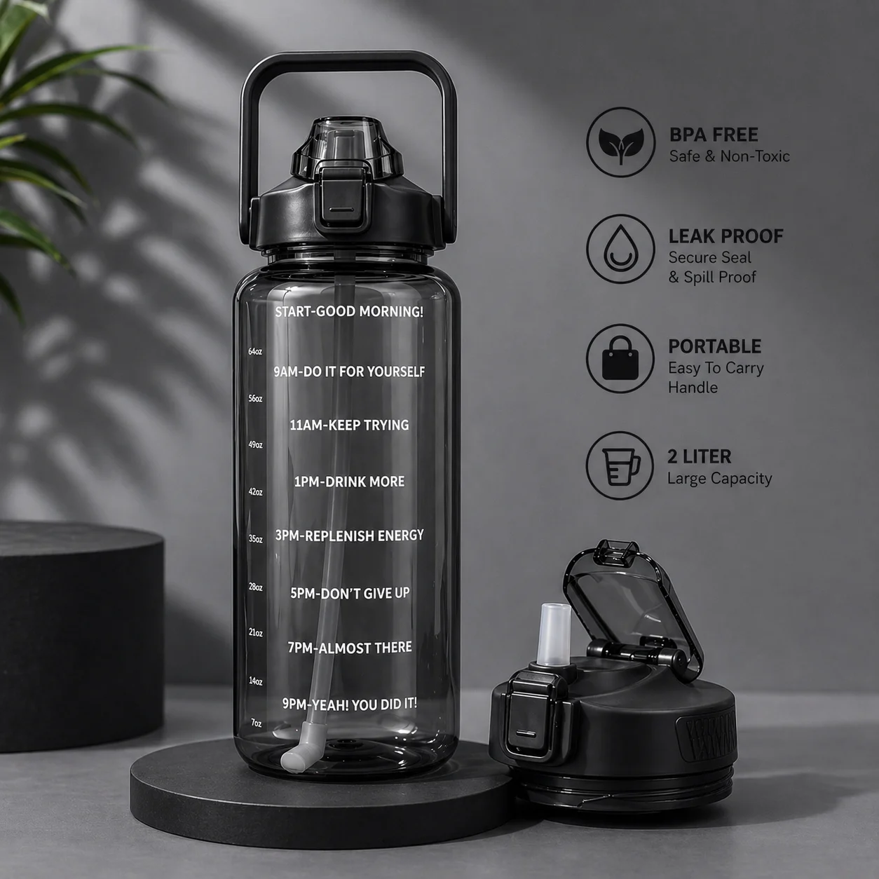 Blue 2L Motivational Water Bottle – Leak-Proof and BPA-Free