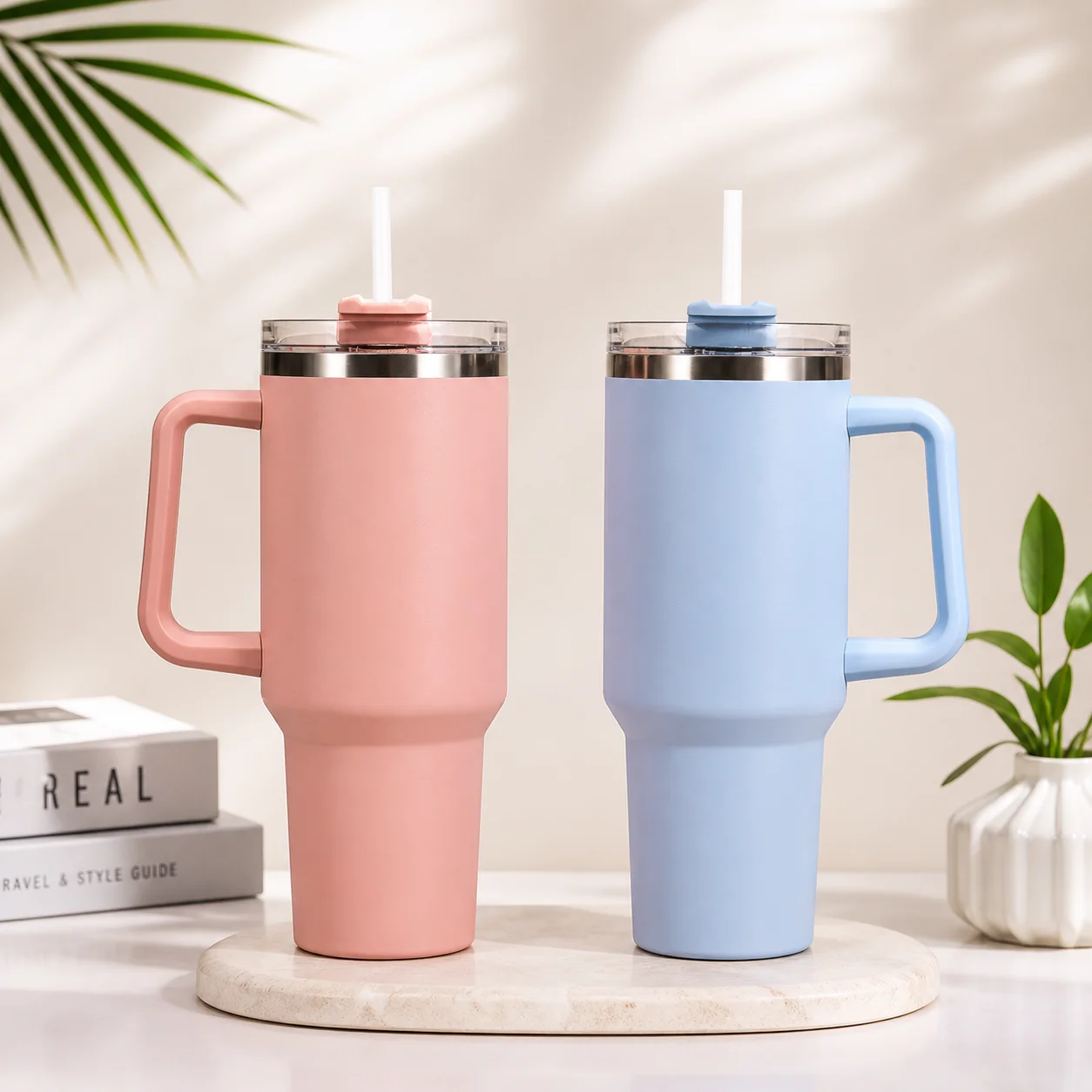 "40oz stainless steel tumbler with ergonomic handle, leak-resistant lid, and double-wall insulation."
