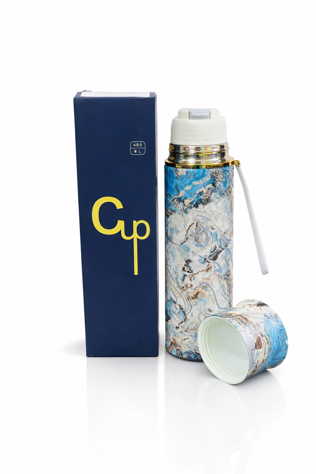 Colorful insulated stainless steel water bottle with carrying strap and gift box, 480ml