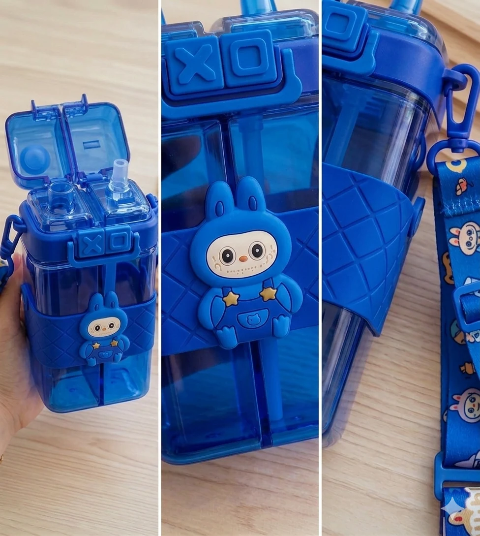"Cute children's water bottle featuring two compartments, straw lid, bunny character, and carrying strap."