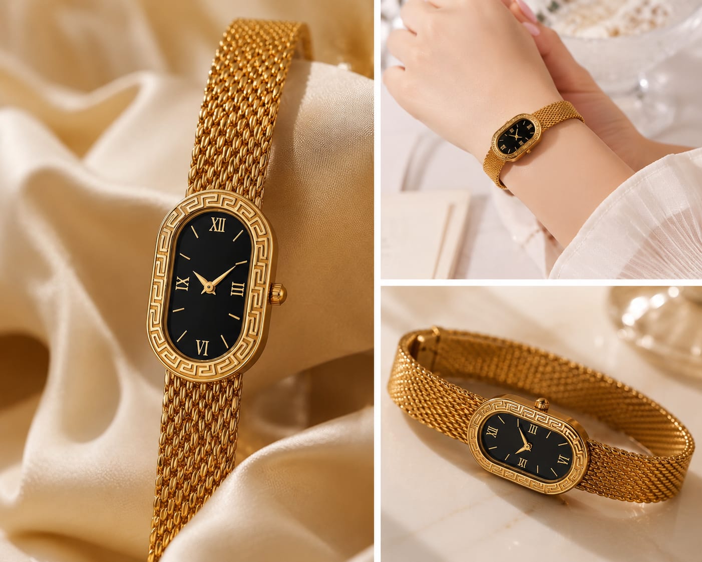 Oval Dial Gold Watch With Clover Bracelet