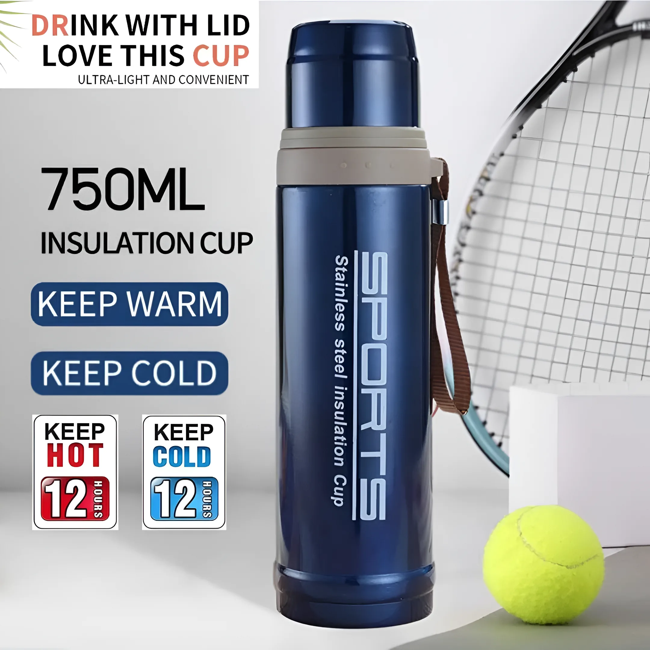 "Premium 750ml stainless steel vacuum insulated thermos flask available in silver, blue, red, and champagne colors for hot and cold beverages."