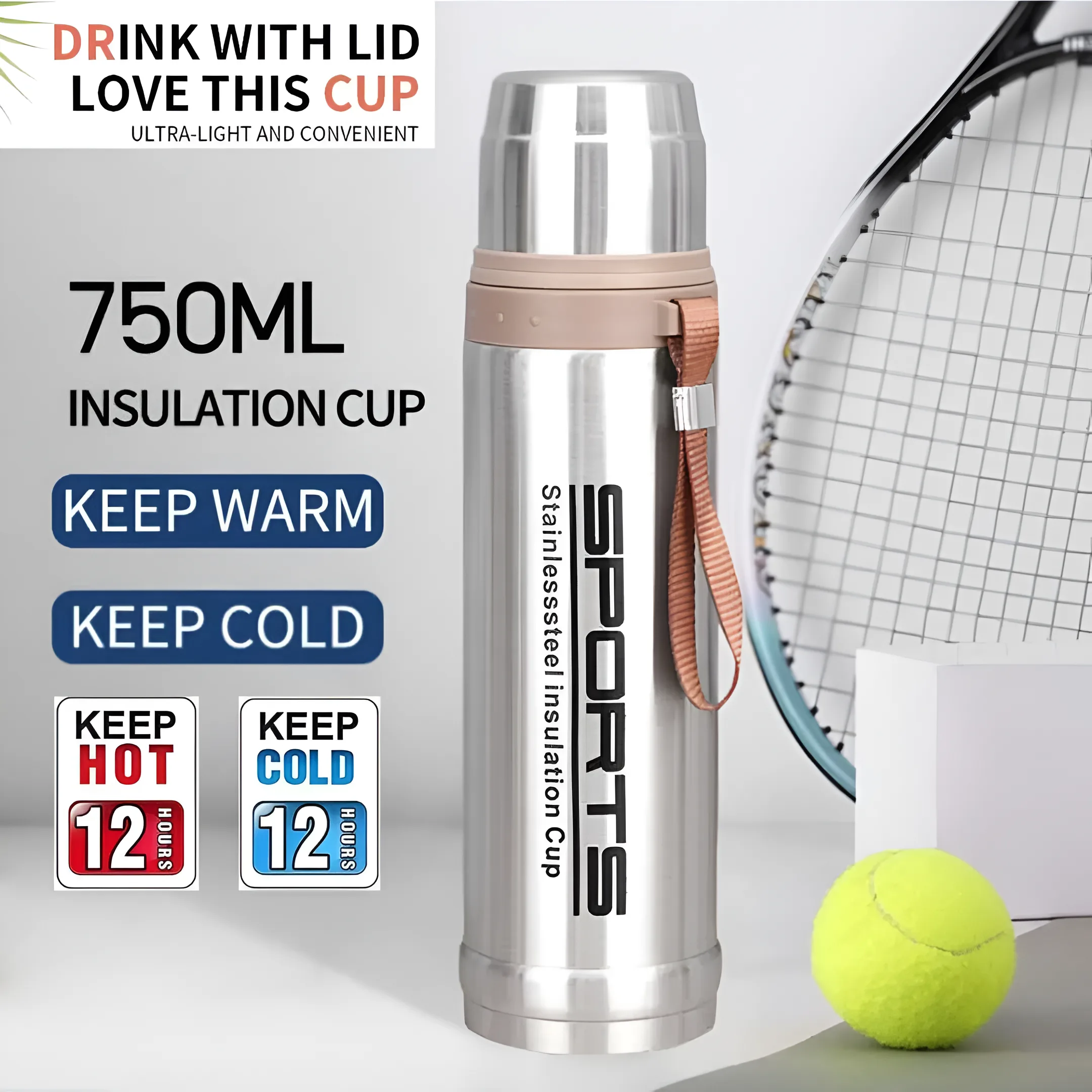 "Premium 750ml stainless steel vacuum insulated thermos flask available in silver, blue, red, and champagne colors for hot and cold beverages."
