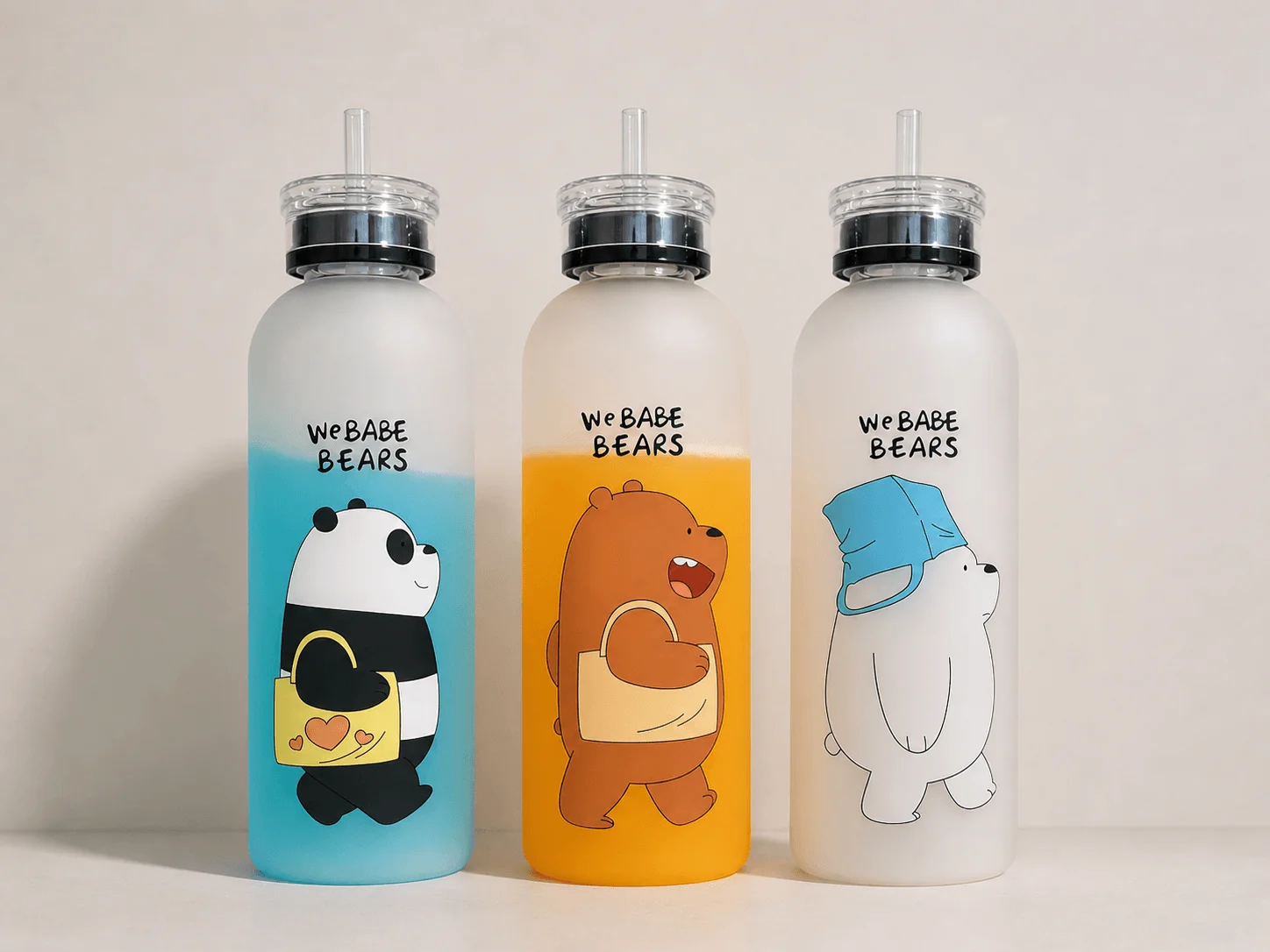 “Panda Bear frosted plastic water bottle with straw lid, lightweight kids bottle with cartoon design and easy drinking system for daily use”