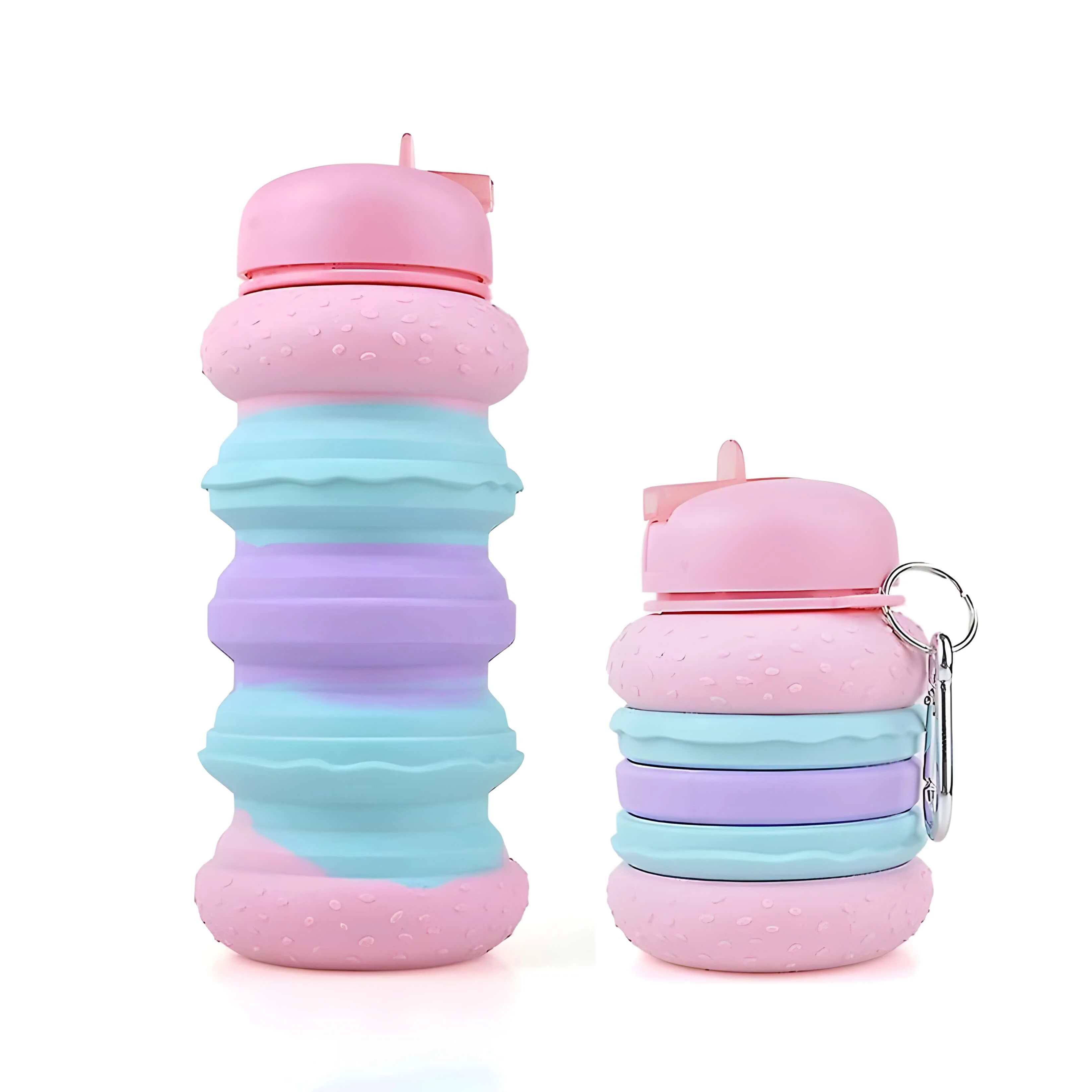 Foldable silicone water bottles in pastel pink, purple, blue, and yellow colors with carabiner clip, reusable portable hydration bottles on white background.