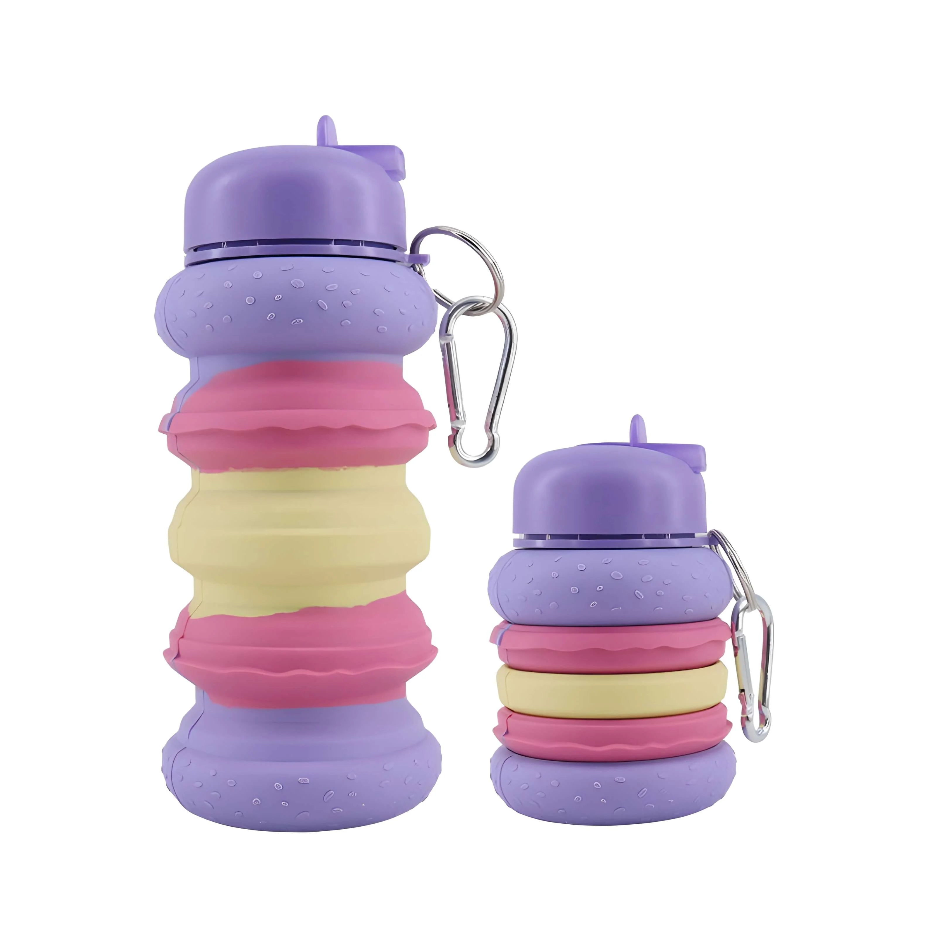 Foldable silicone water bottles in pastel pink, purple, blue, and yellow colors with carabiner clip, reusable portable hydration bottles on white background.