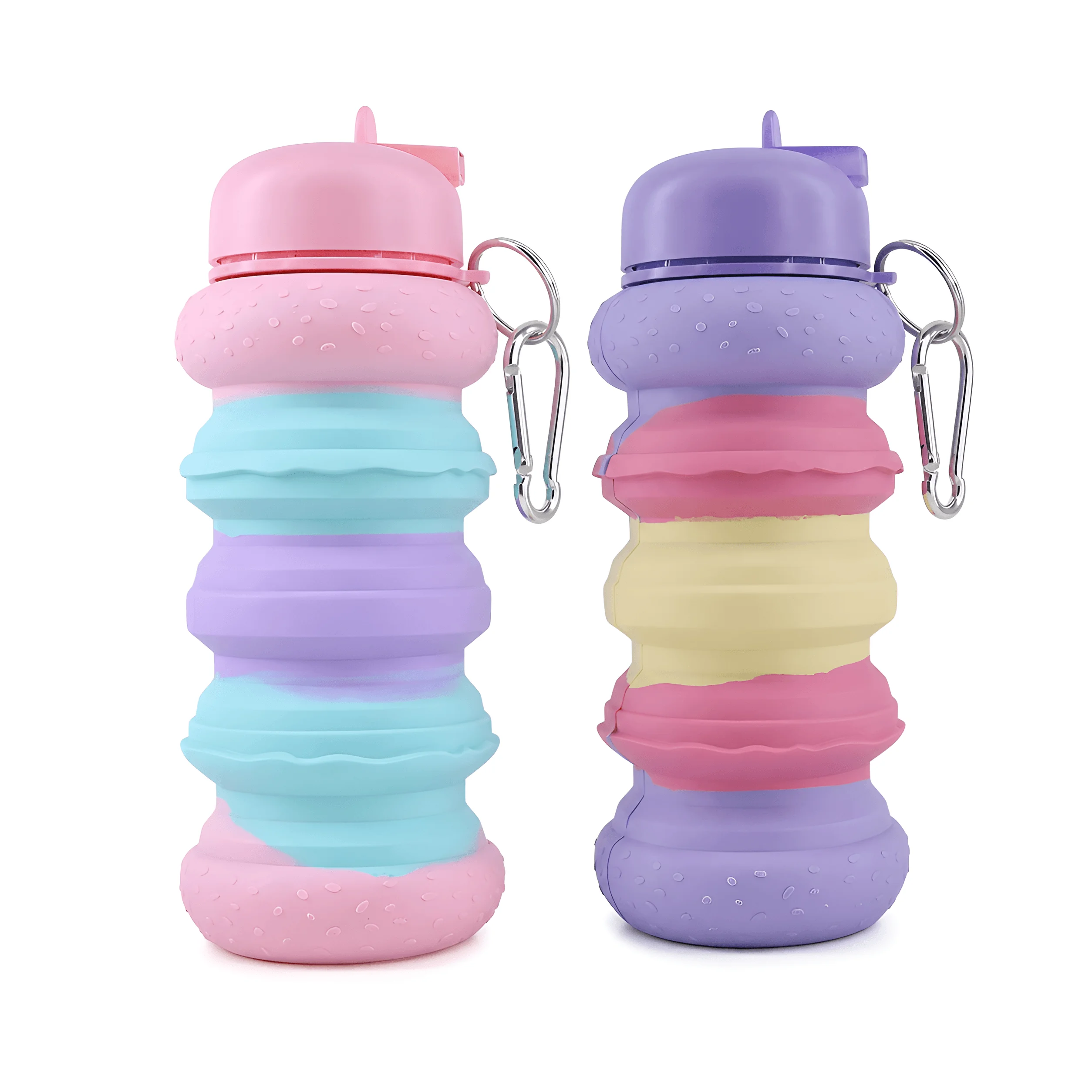Foldable silicone water bottles in pastel pink, purple, blue, and yellow colors with carabiner clip, reusable portable hydration bottles on white background.