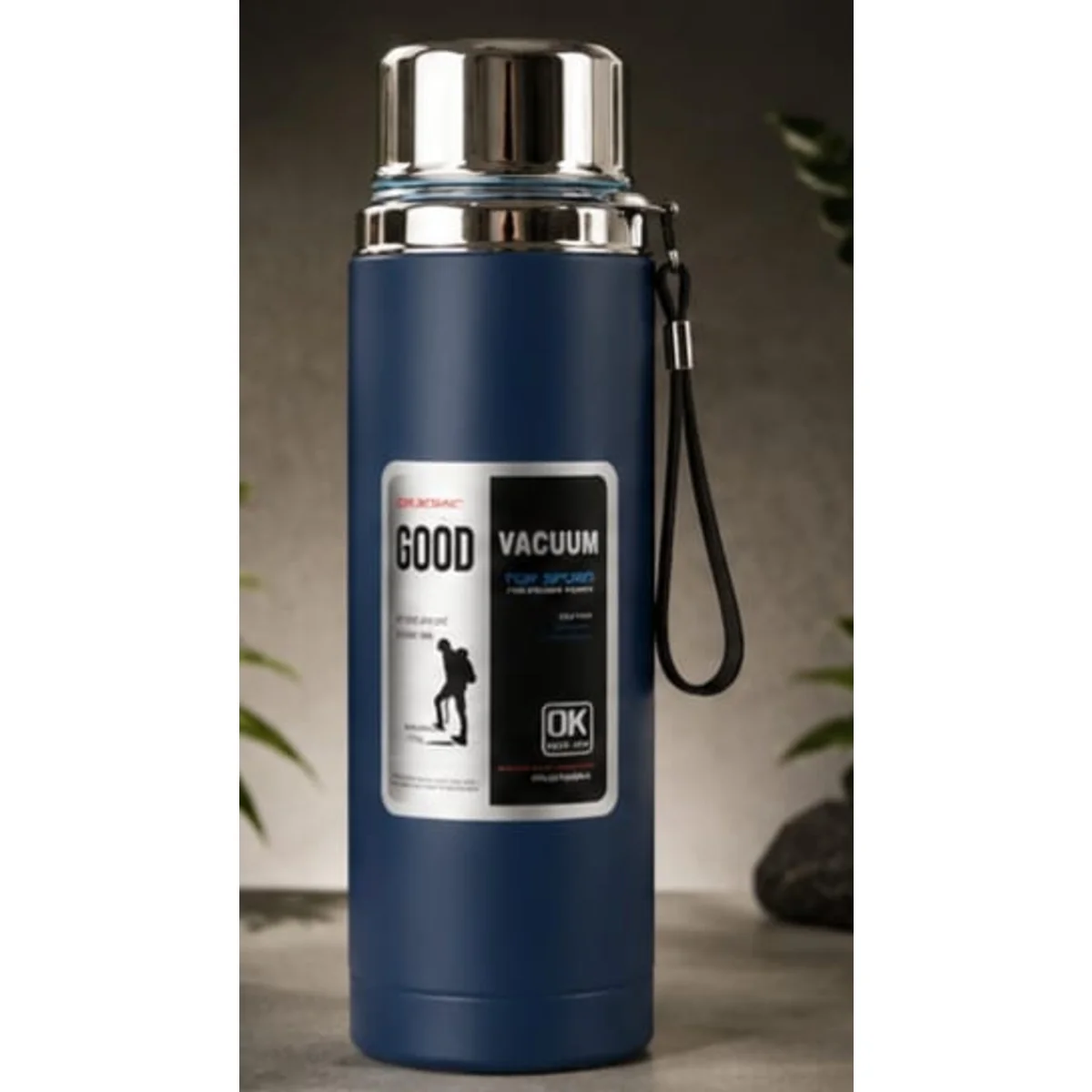 "Double-wall vacuum insulated stainless steel thermos bottle for hot and cold drinks."