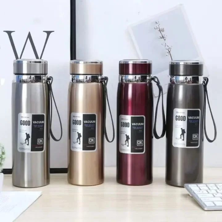 "Double-wall vacuum insulated stainless steel thermos bottle for hot and cold drinks."