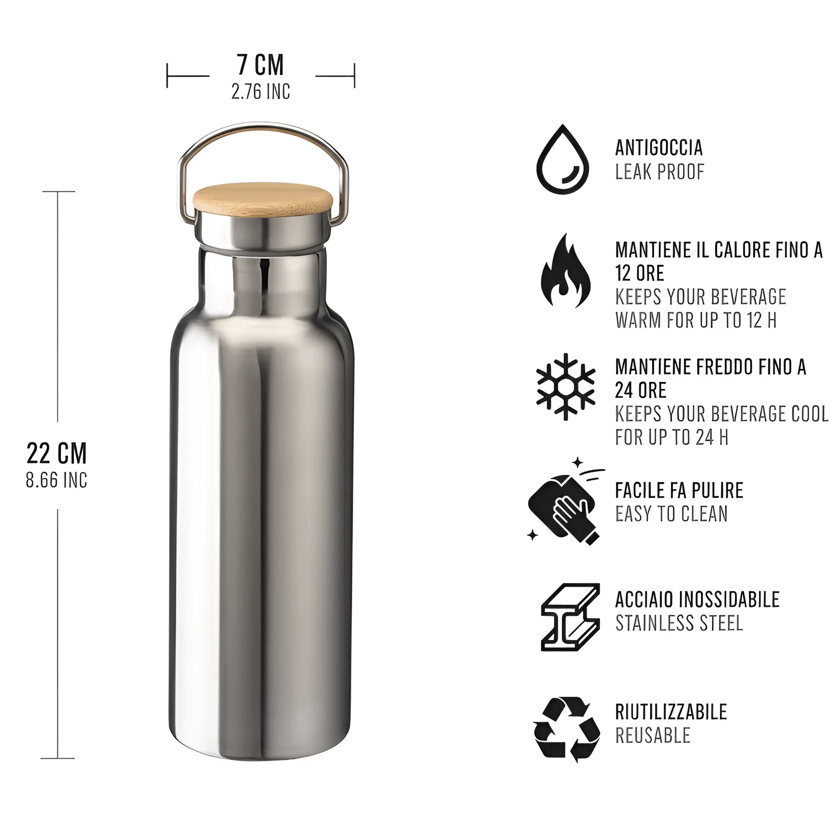 Minimalist insulated stainless steel water bottle with handle lid, reusable thermos bottle on a clean desk setup with books and picture frame in background.