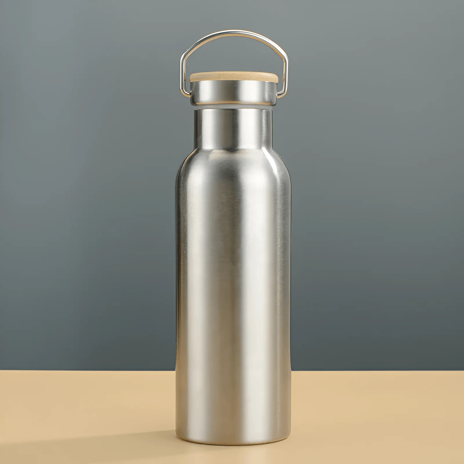 Minimalist insulated stainless steel water bottle with handle lid, reusable thermos bottle on a clean desk setup with books and picture frame in background.