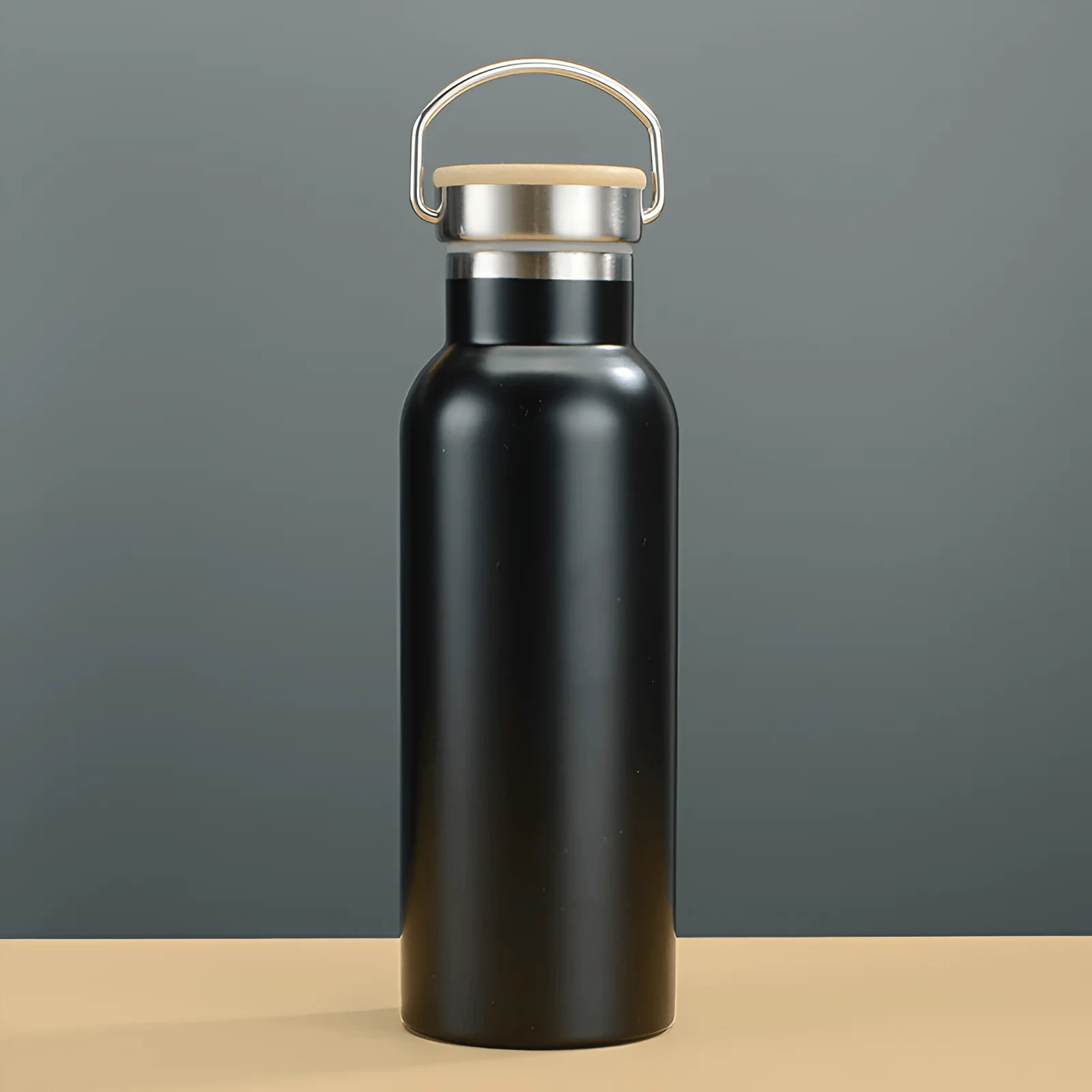 Minimalist insulated stainless steel water bottle with handle lid, reusable thermos bottle on a clean desk setup with books and picture frame in background.