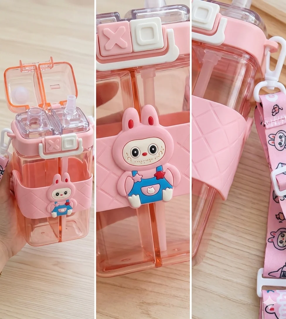"Cute children's water bottle featuring two compartments, straw lid, bunny character, and carrying strap."