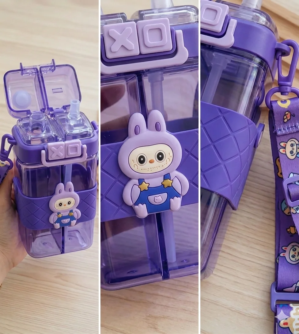"Cute children's water bottle featuring two compartments, straw lid, bunny character, and carrying strap."