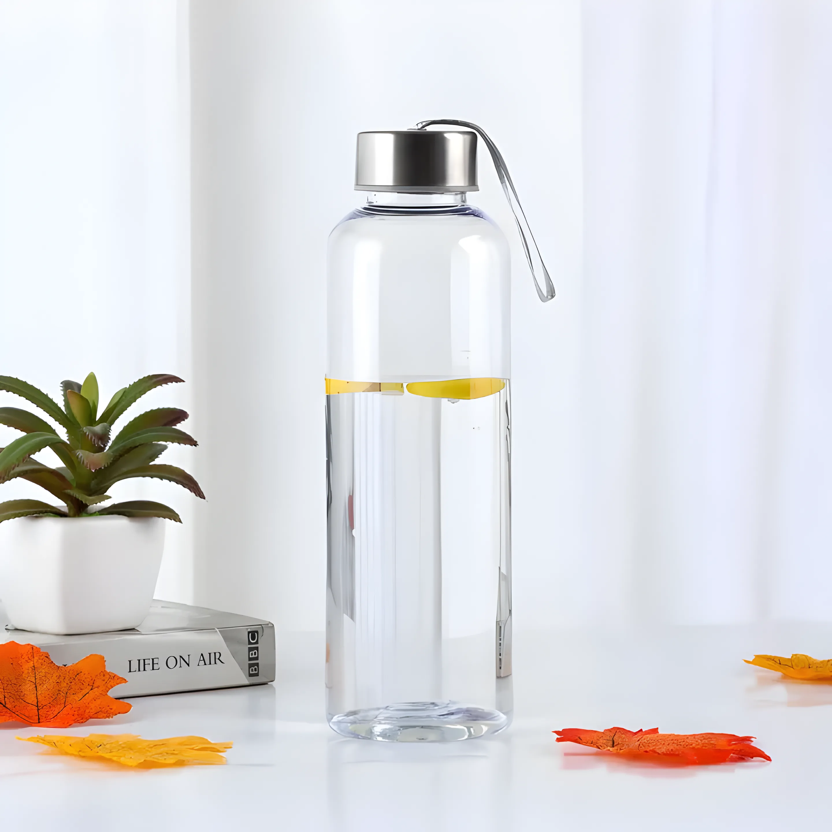 Cute Korean Style Glass Water Bottle with Stainless Steel Lid & Carry Strap – 400ML