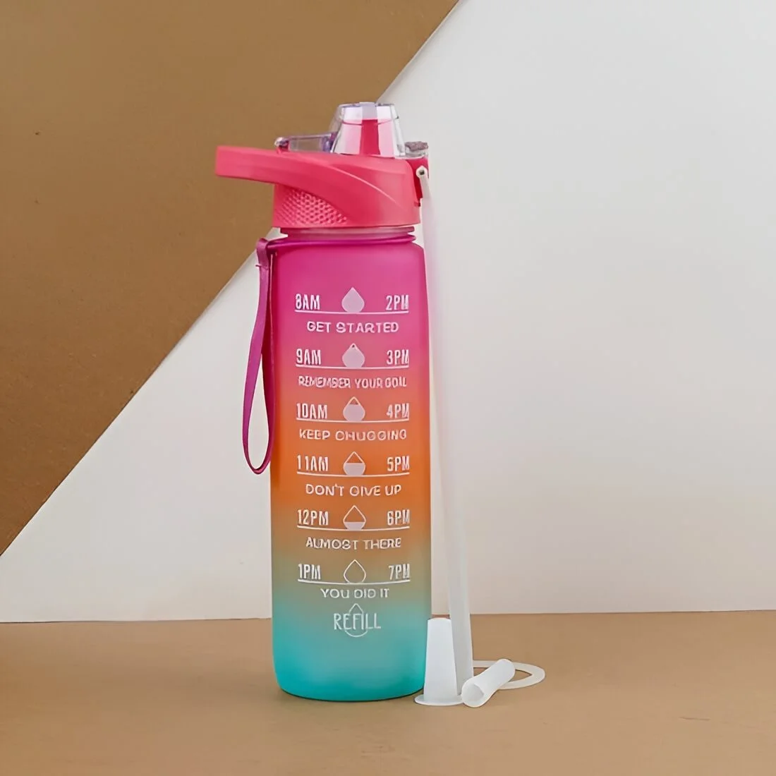 Colorful gradient motivational water bottles with time markers and measurement scale, leak-proof reusable gym bottles with flip-top lids, straw caps, and carrying straps on display.