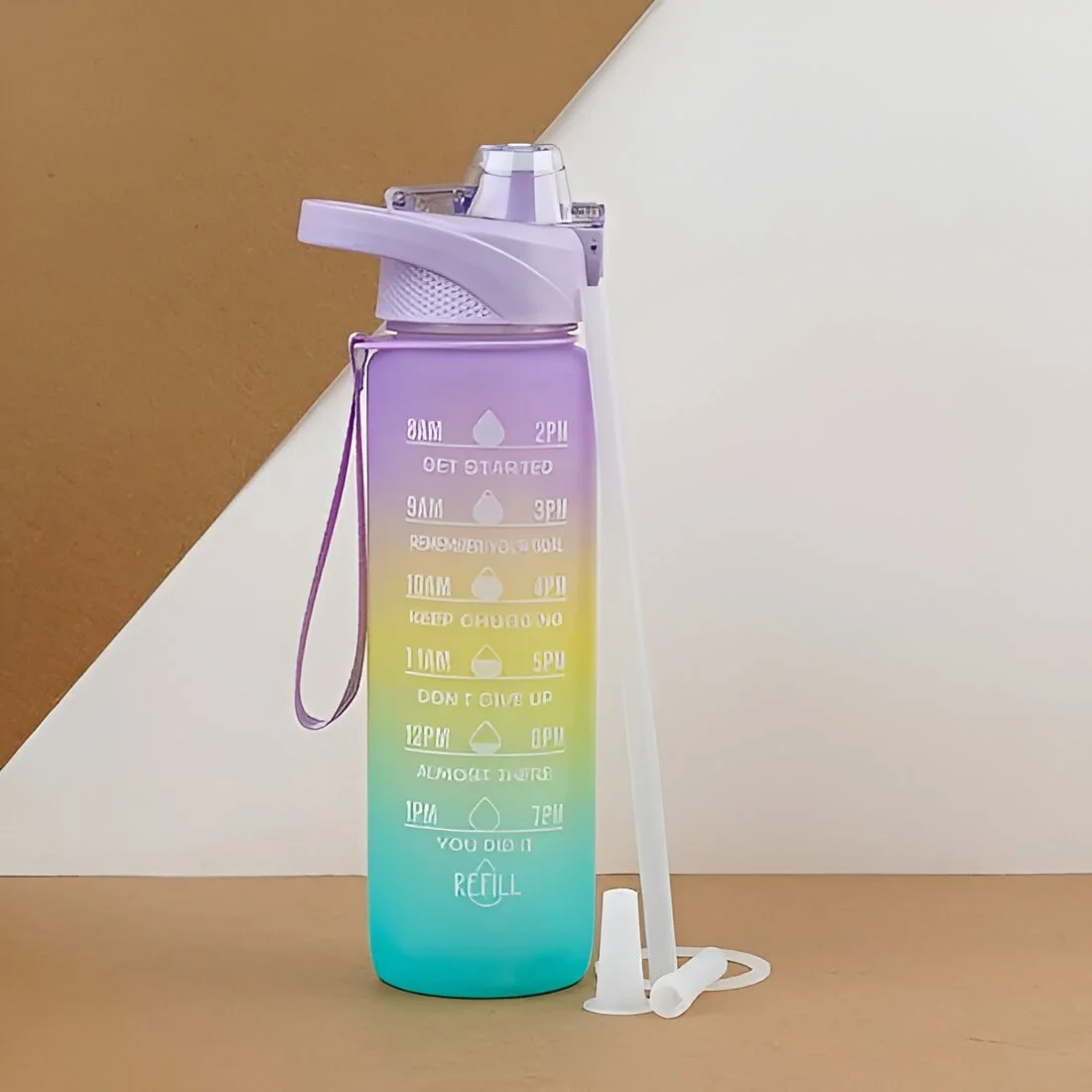 Colorful gradient motivational water bottles with time markers and measurement scale, leak-proof reusable gym bottles with flip-top lids, straw caps, and carrying straps on display.