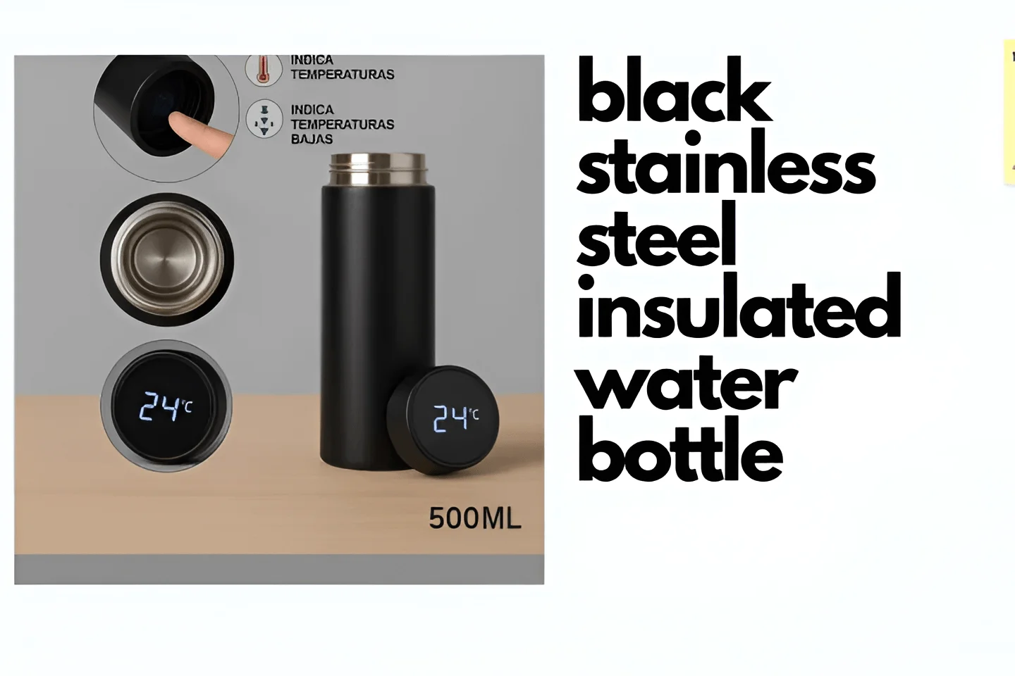 "Premium black stainless steel smart temperature bottle with LED touch display, tea infuser filter, and vacuum insulation for hot and cold beverages."