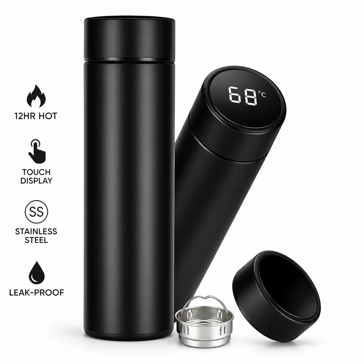 "Premium black stainless steel smart temperature bottle with LED touch display, tea infuser filter, and vacuum insulation for hot and cold beverages."