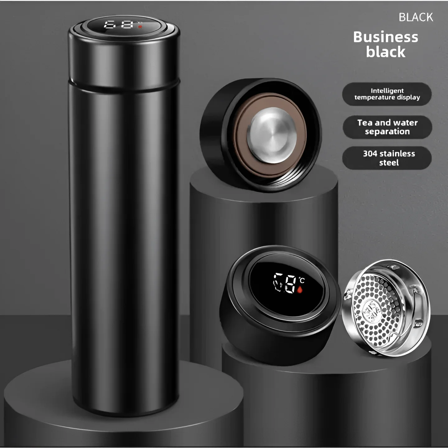 "Premium black stainless steel smart temperature bottle with LED touch display, tea infuser filter, and vacuum insulation for hot and cold beverages."