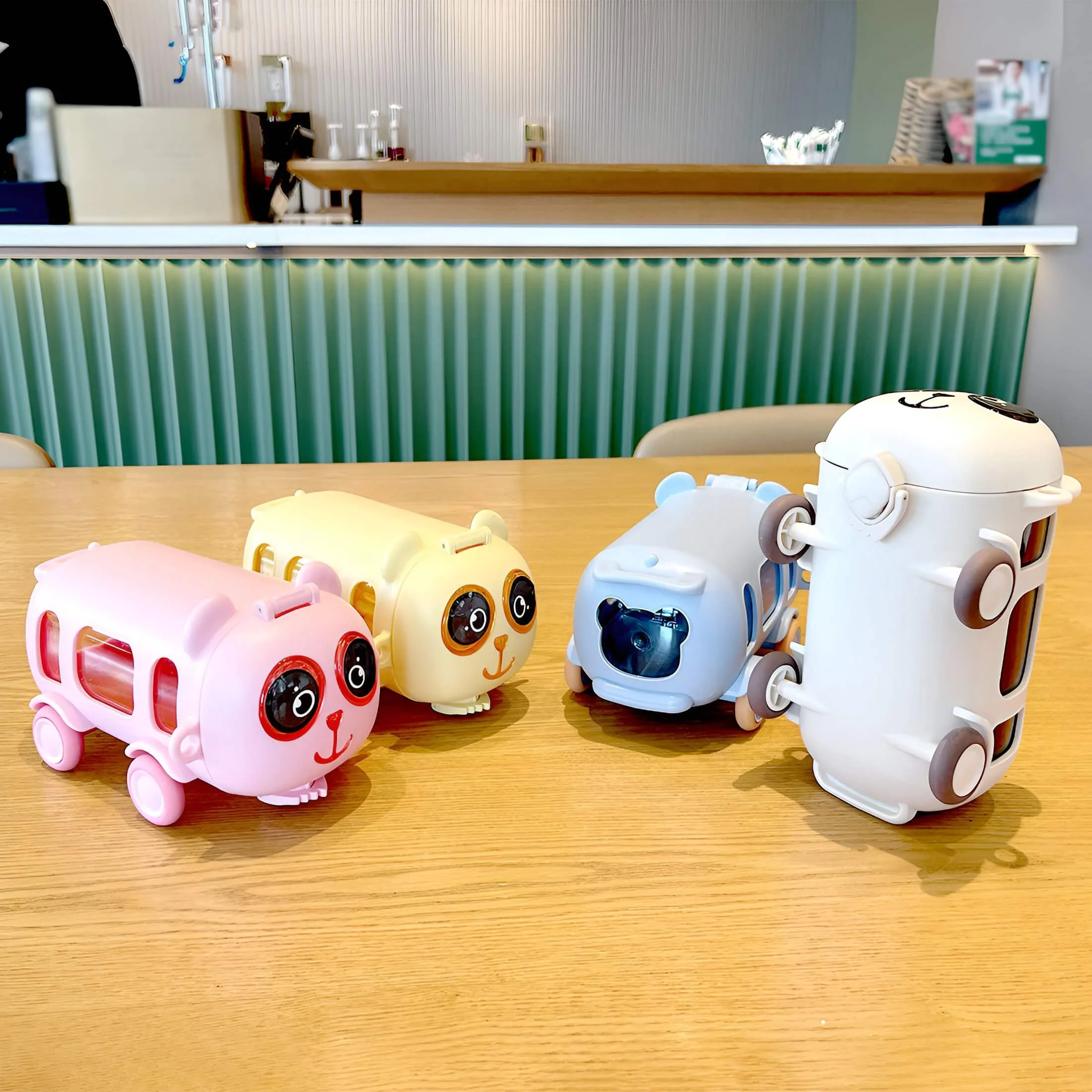 Panda Bus Water Bottle and Sipper in pink color – cute design with easy-to-use sipper lid