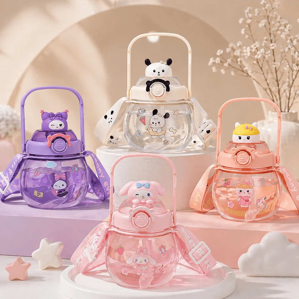 sanrio white cartoon water bottle for kids cute panda design sipper bottle front view