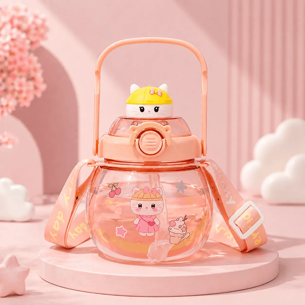 sanrio white cartoon water bottle for kids cute panda design sipper bottle front view