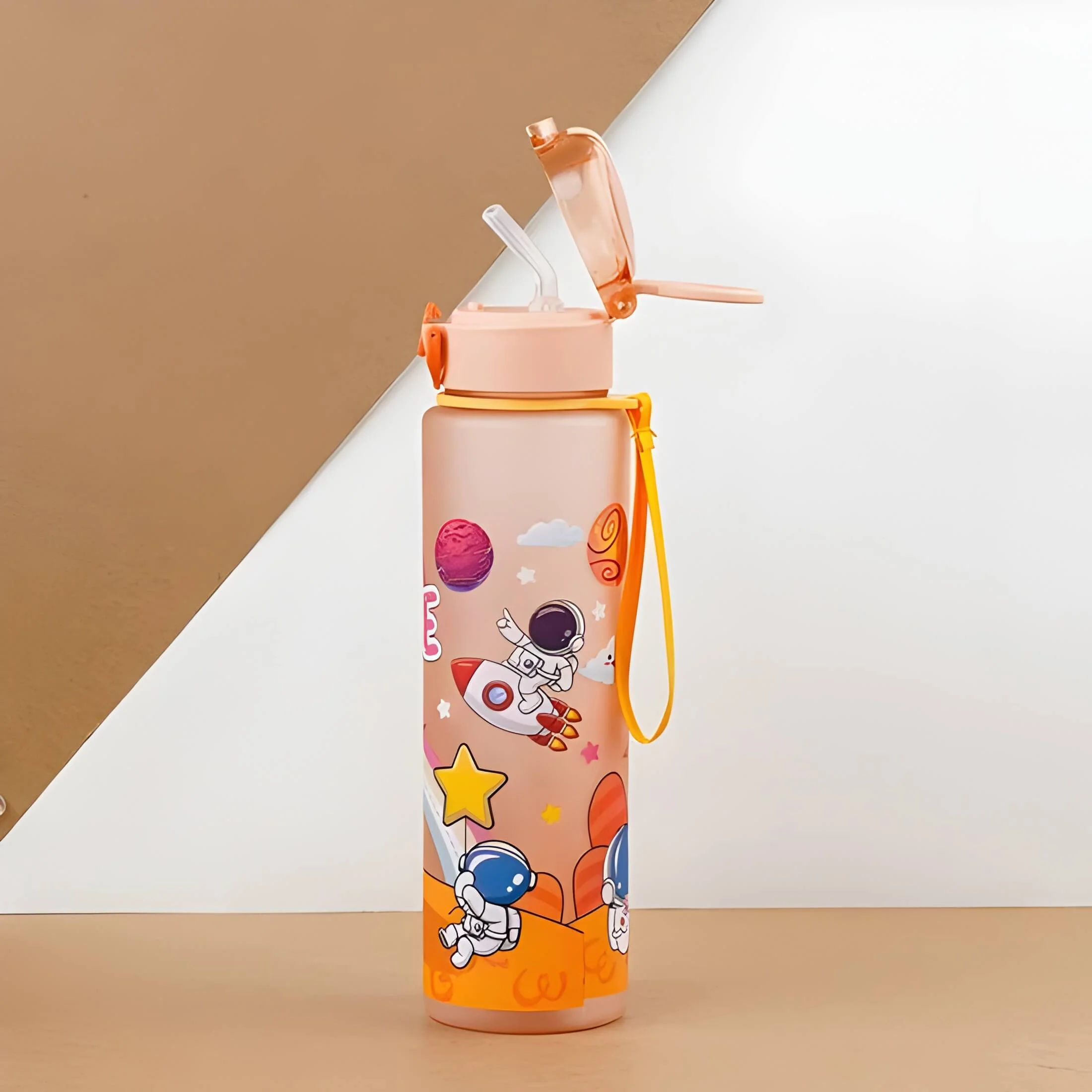 Light green astronaut sports water bottle with built-in straw and durable leakproof design