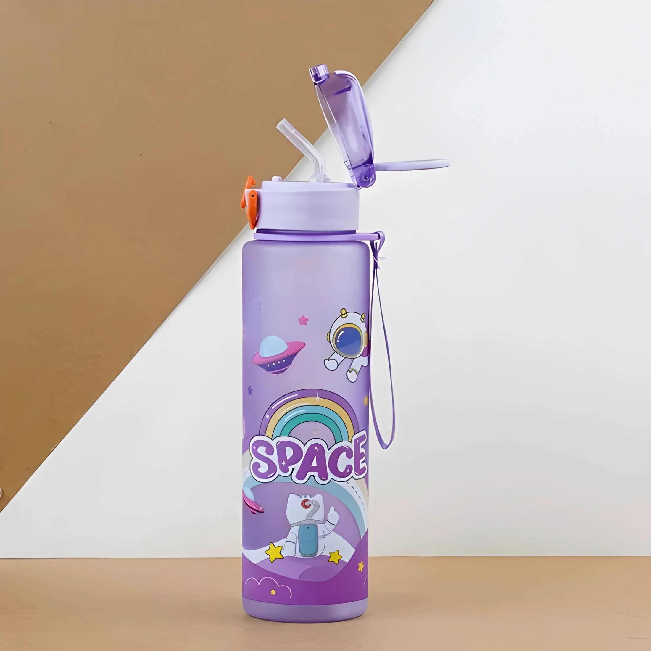 Light green astronaut sports water bottle with built-in straw and durable leakproof design