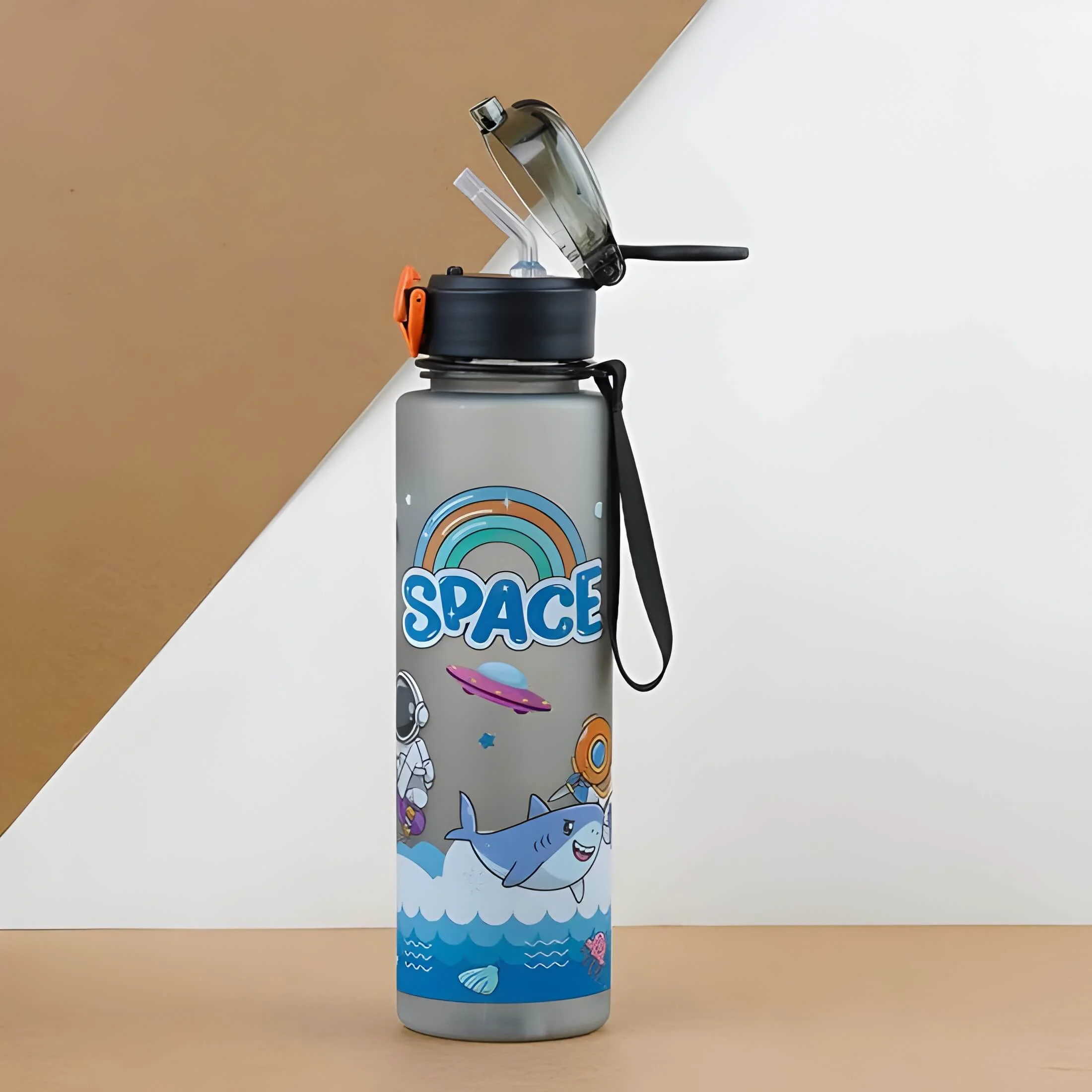Light green astronaut sports water bottle with built-in straw and durable leakproof design