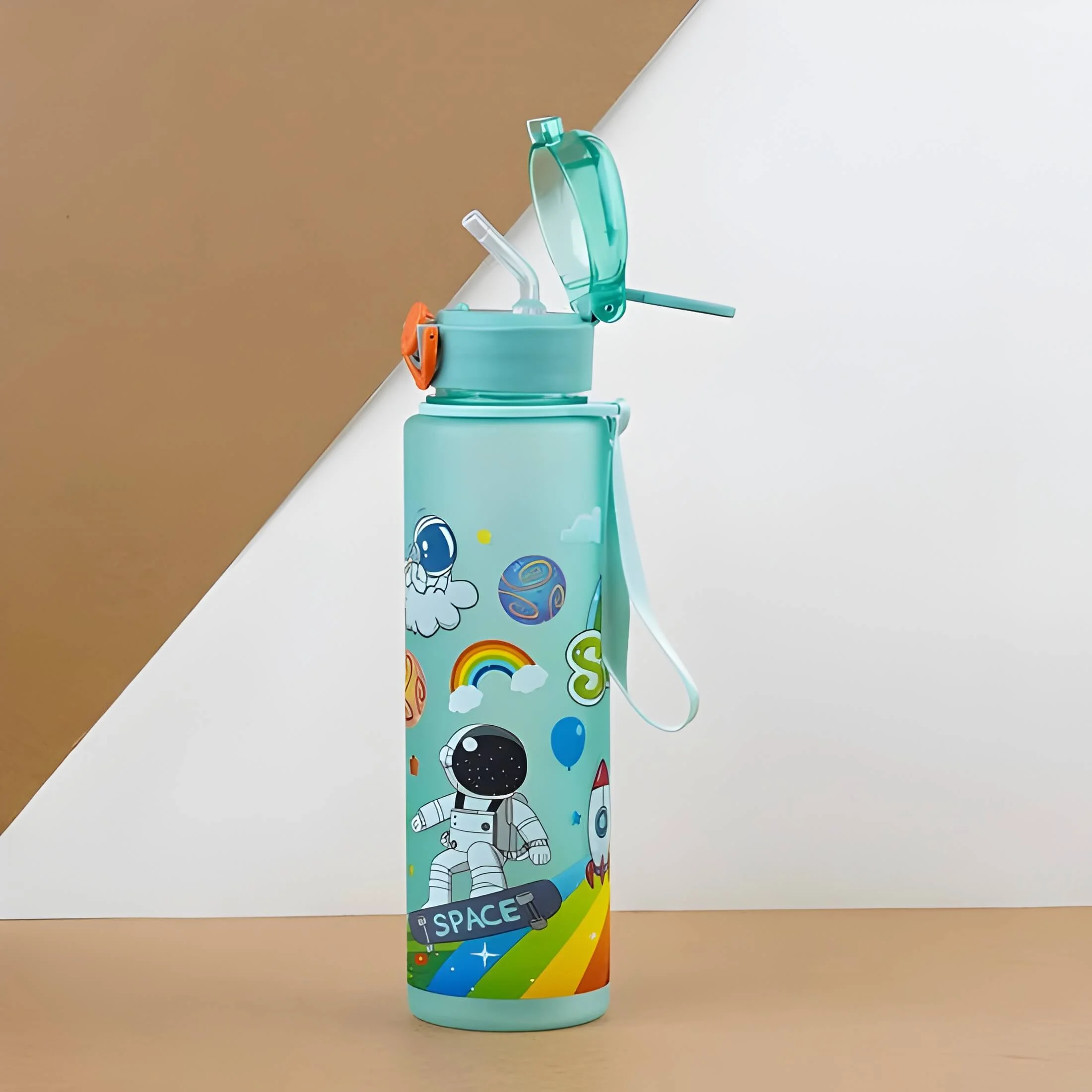 Light green astronaut sports water bottle with built-in straw and durable leakproof design