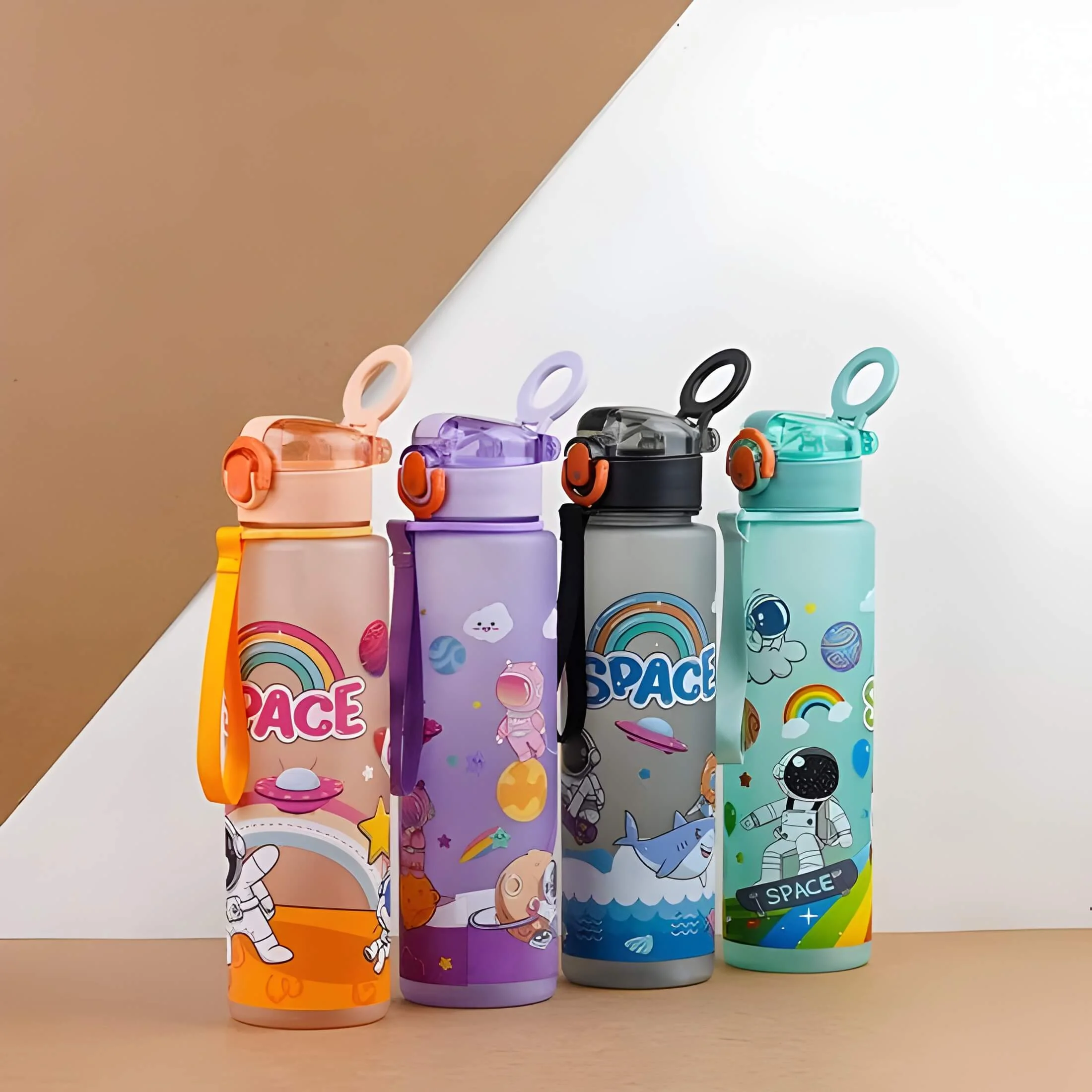 Light green astronaut sports water bottle with built-in straw and durable leakproof design