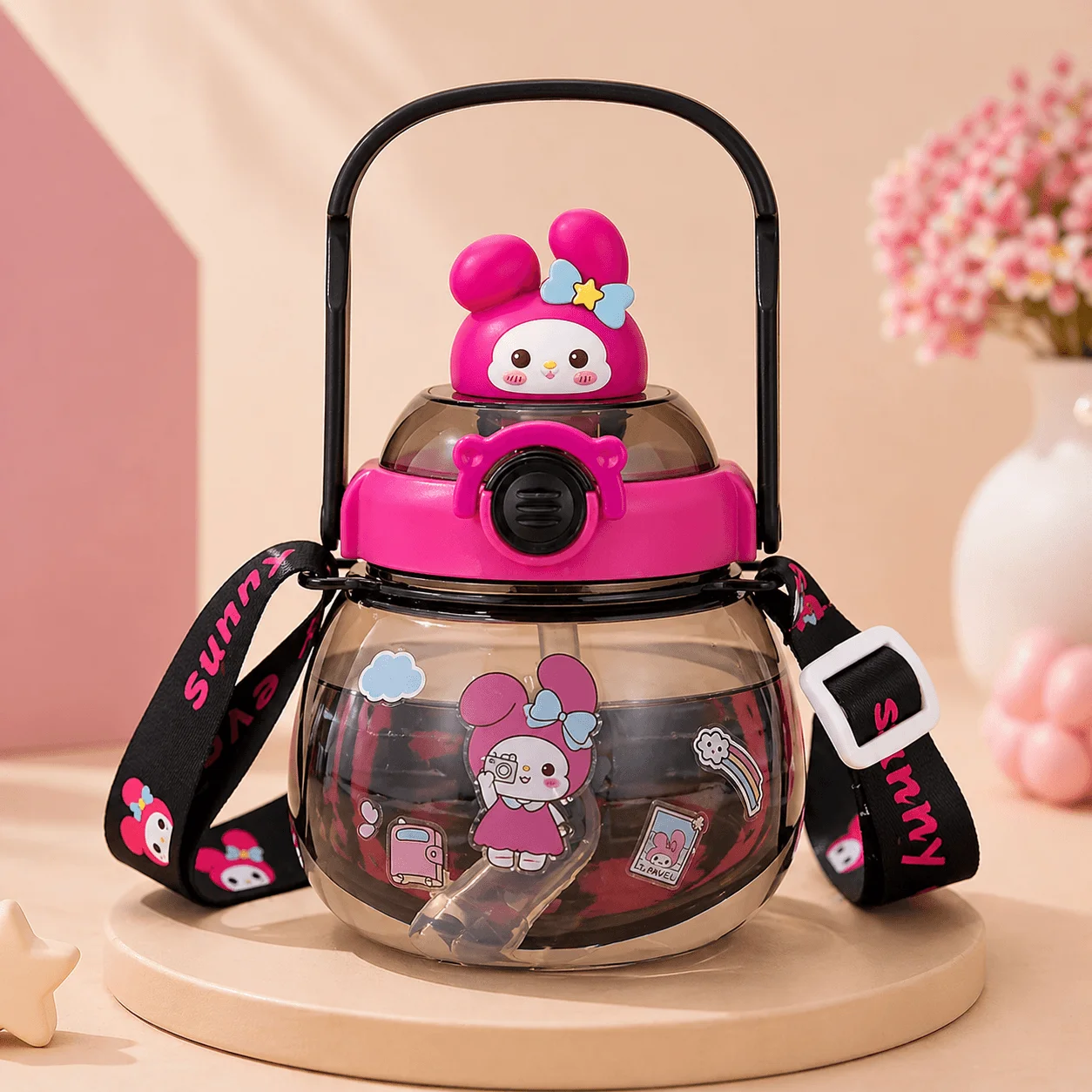 sanrio white cartoon water bottle for kids cute panda design sipper bottle front view