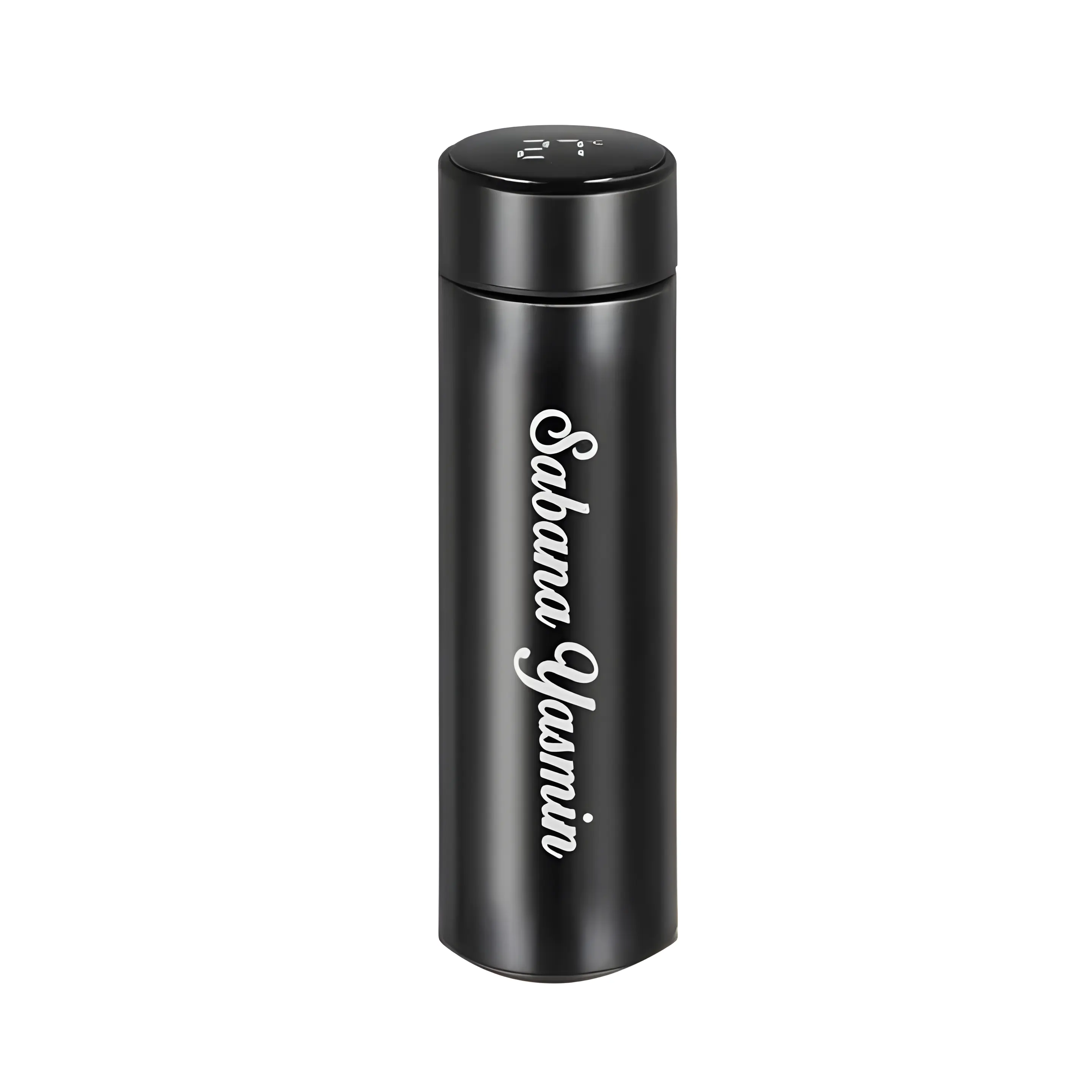 "Black custom stainless steel smart water bottle with personalized name engraving and digital temperature display on lid."