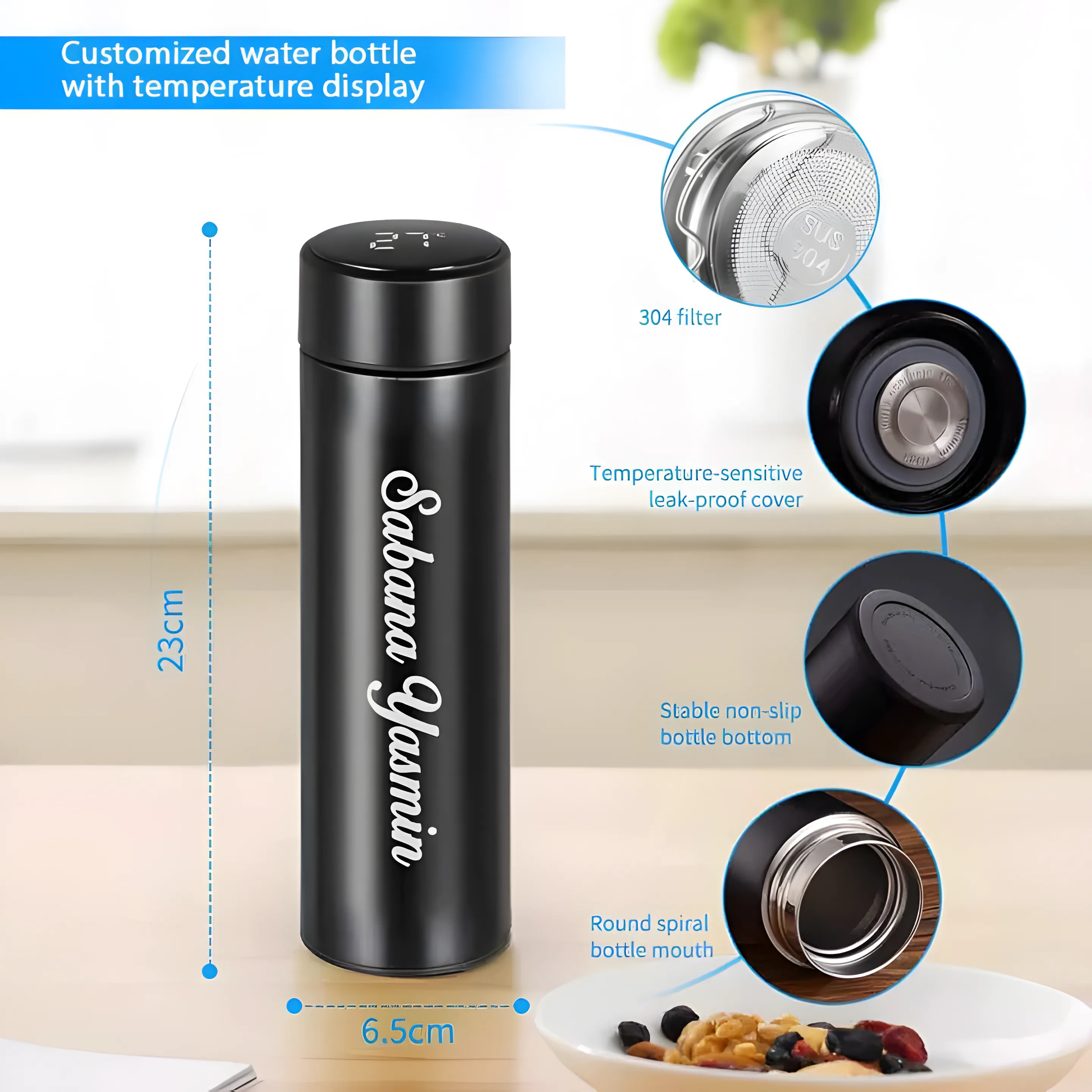 "Black custom stainless steel smart water bottle with personalized name engraving and digital temperature display on lid."