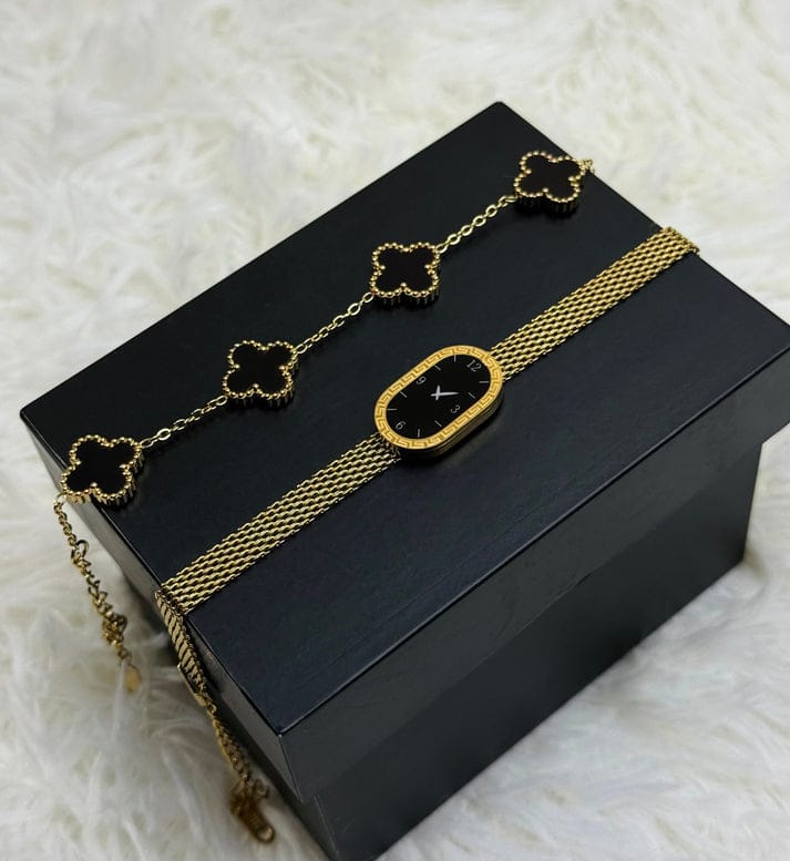 Oval Dial Gold Watch With Clover Bracelet