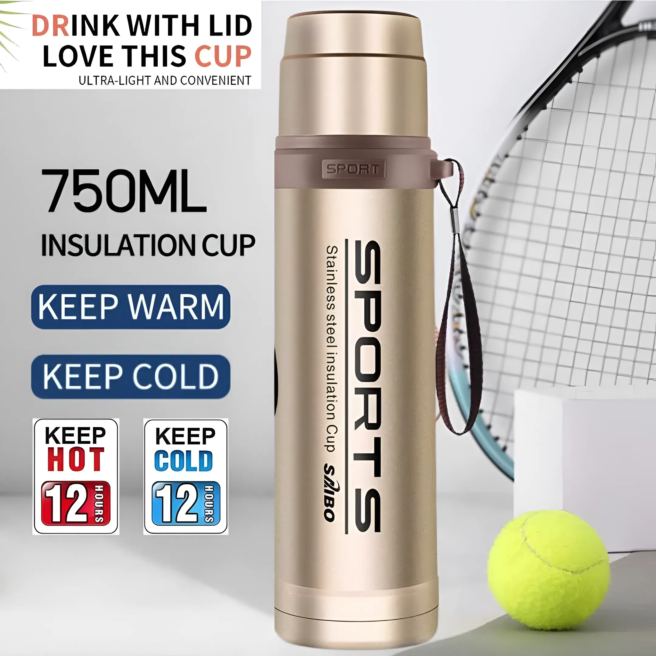 "Premium 750ml stainless steel vacuum insulated thermos flask available in silver, blue, red, and champagne colors for hot and cold beverages."