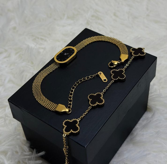 Oval Dial Gold Watch With Clover Bracelet