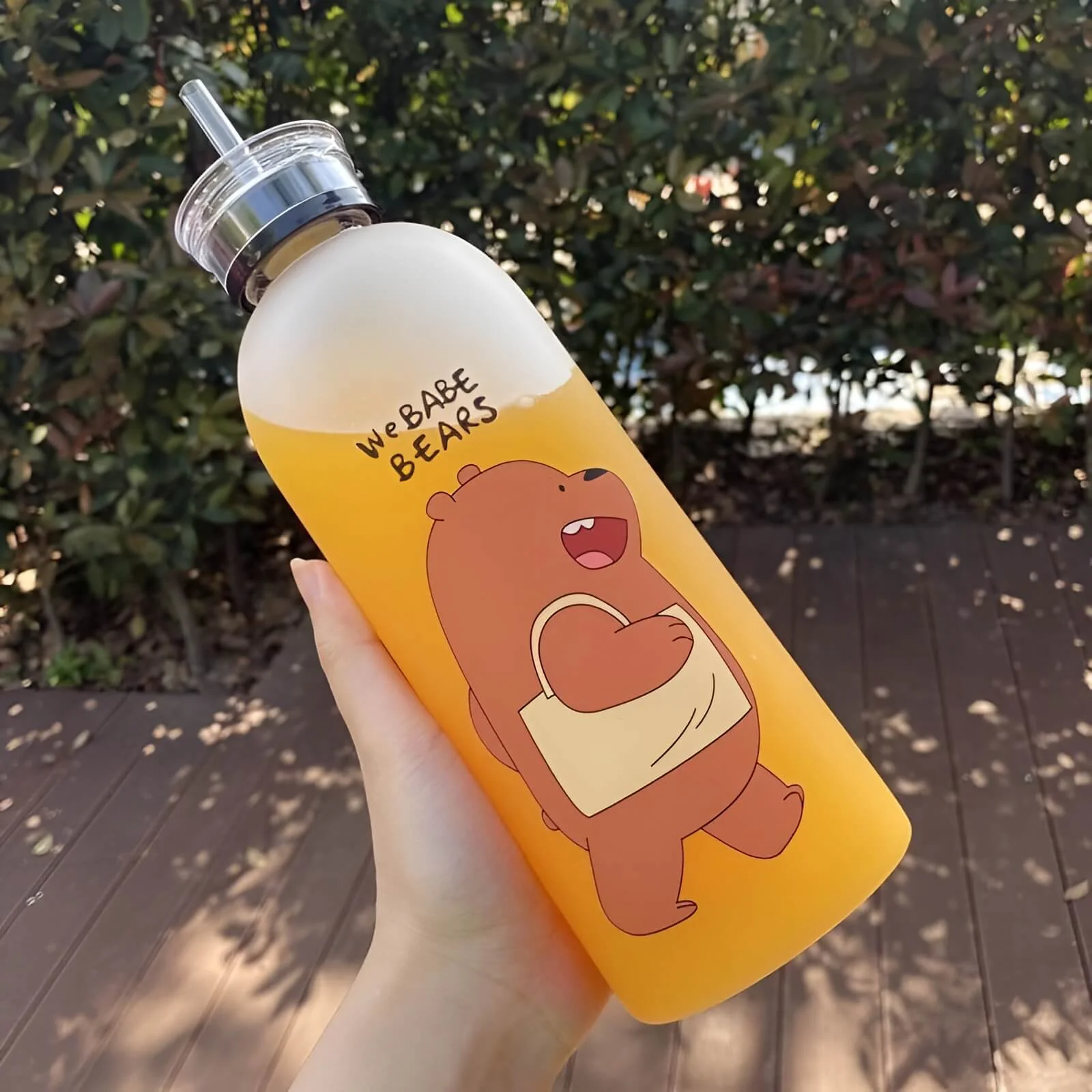“Panda Bear frosted plastic water bottle with straw lid, lightweight kids bottle with cartoon design and easy drinking system for daily use”
