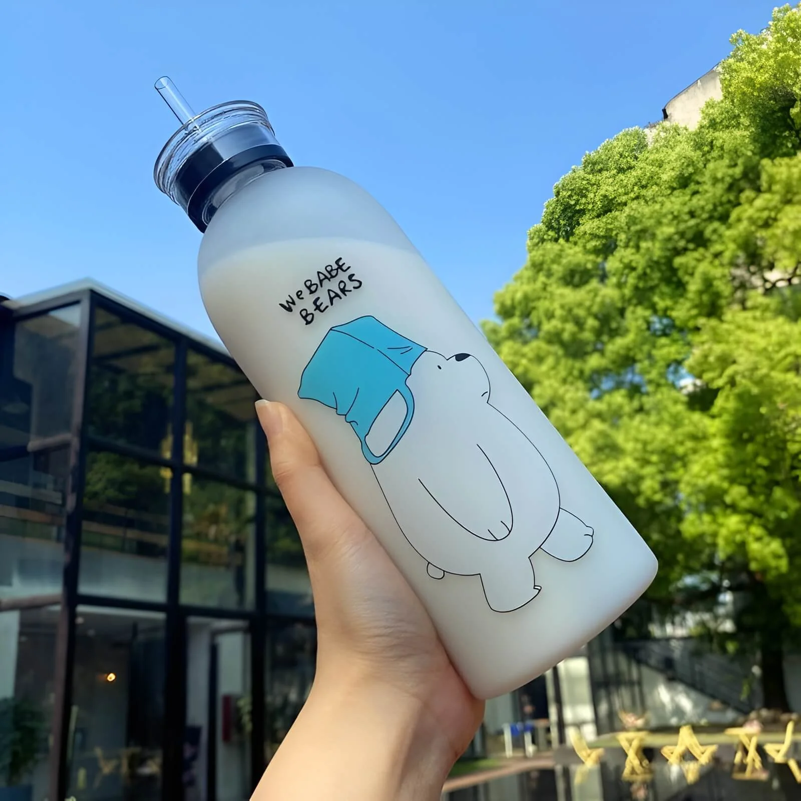 “Panda Bear frosted plastic water bottle with straw lid, lightweight kids bottle with cartoon design and easy drinking system for daily use”