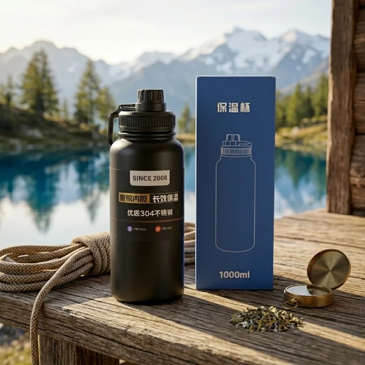 A black 1000ml insulated stainless steel vacuum water bottle with a carry handle and screw cap, placed beside its blue packaging box featuring Chinese text and a line illustration of the bottle.