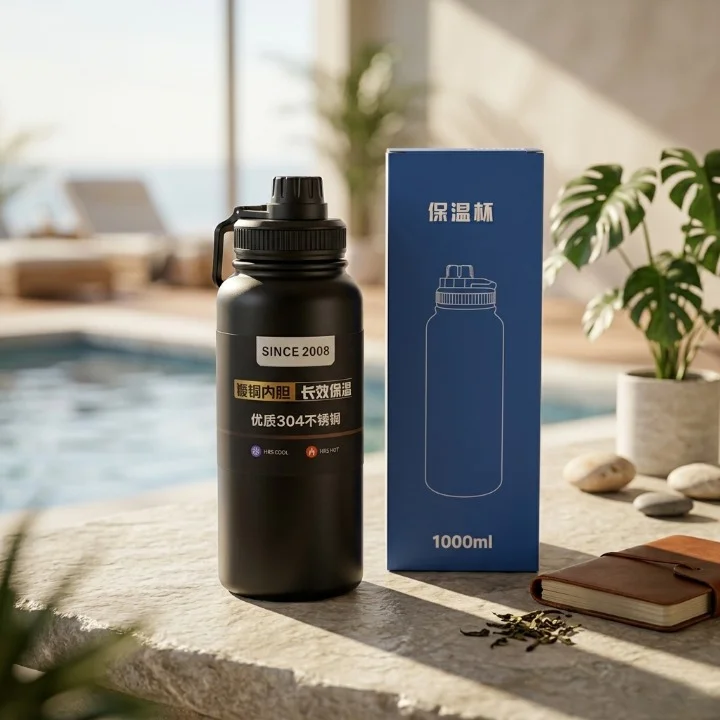A black 1000ml insulated stainless steel vacuum water bottle with a carry handle and screw cap, placed beside its blue packaging box featuring Chinese text and a line illustration of the bottle.