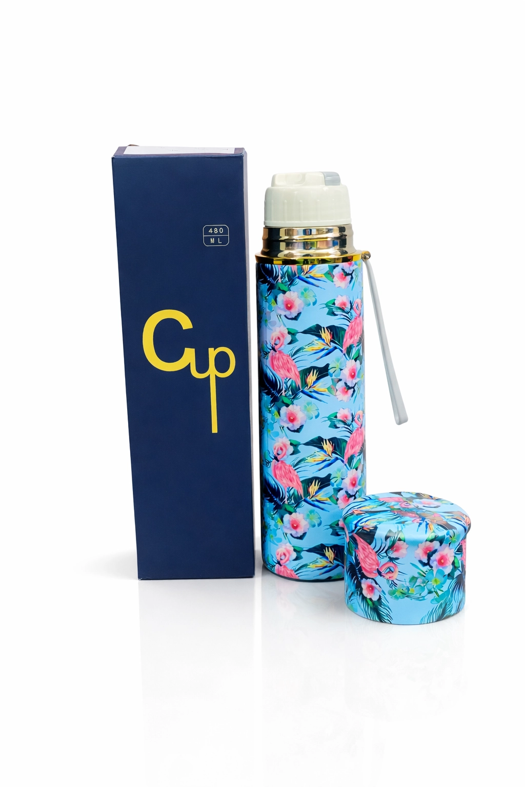 Colorful insulated stainless steel water bottle with carrying strap and gift box, 480ml