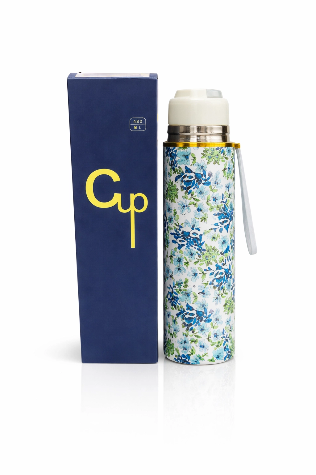 Colorful insulated stainless steel water bottle with carrying strap and gift box, 480ml