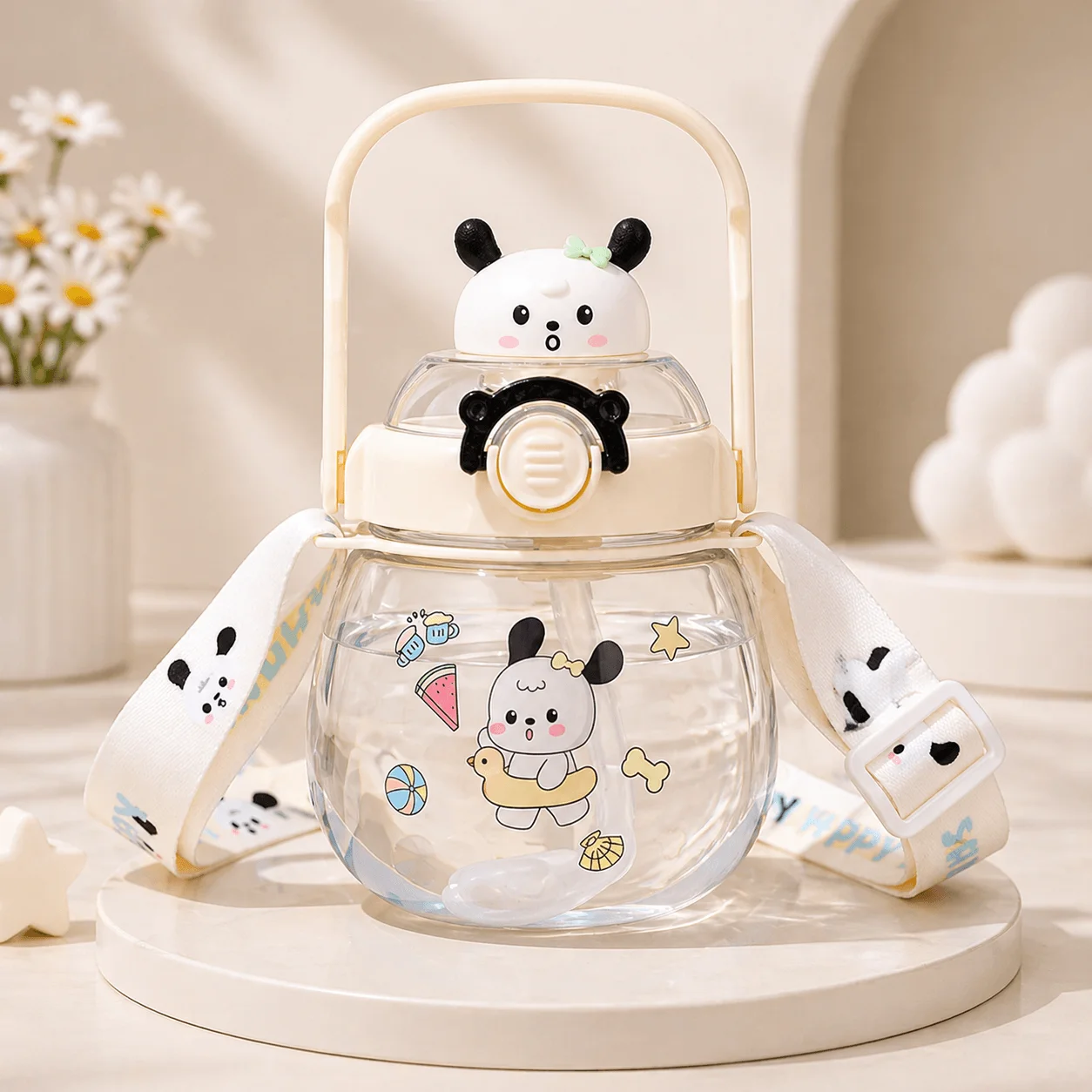 sanrio white cartoon water bottle for kids cute panda design sipper bottle front view
